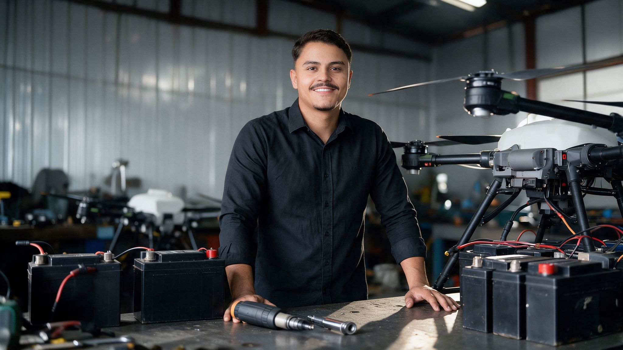 Victor Bueno na bancada de manutenção de baterias da Névoa Agrodrone